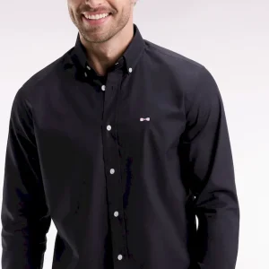 Chemise en coton pinpoint noire broderie dos coupe droite