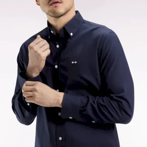 Chemise en coton marine broderie rose coupe droite