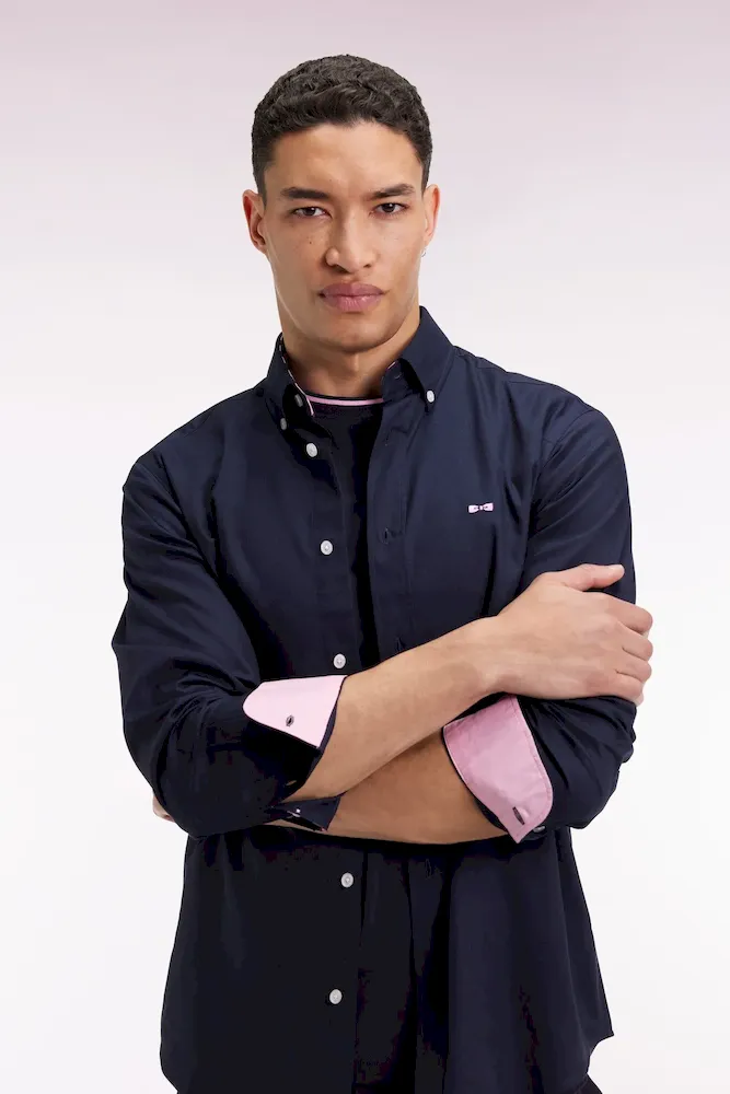 Chemise en coton pinpoint marine broderie 10 dos coupe droite