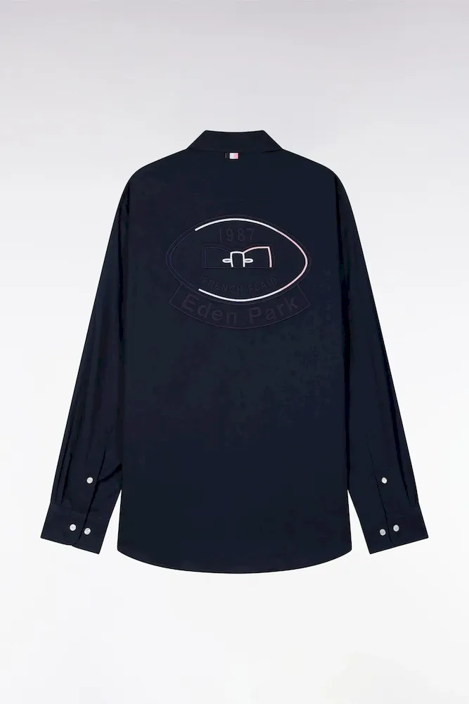 Chemise En Coton Pinpoint Marine Broderie Dos Coupe Droite