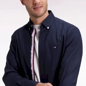 Chemise en coton pinpoint marine broderie dos coupe droite