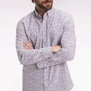 Chemise en coton beige à micro-motifs fleurs coupe droite