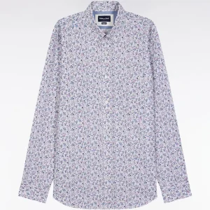 Alternative view of Chemise en coton beige à micro-motifs fleurs coupe droite