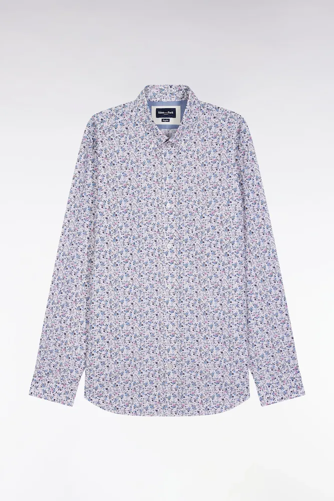 Chemise En Coton Beige à Micro-motifs Fleurs Coupe Droite