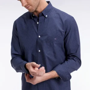 Chemise en popeline de coton à micro-motifs bleus coupe droite