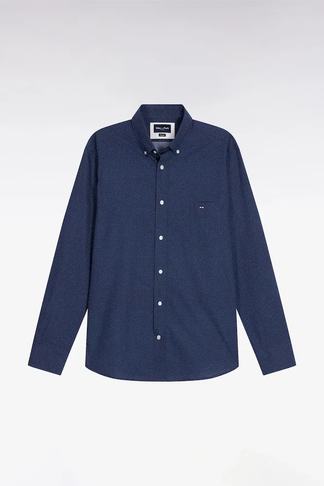 Chemise En Popeline De Coton à Micro-motifs Bleus Coupe Droite