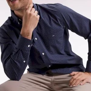 Chemise en coton à micro-motifs nœuds papillon marine coupe droite