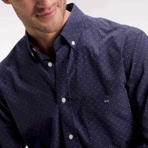 Chemise en coton marine à micro-motifs nœuds papillon coupe droite