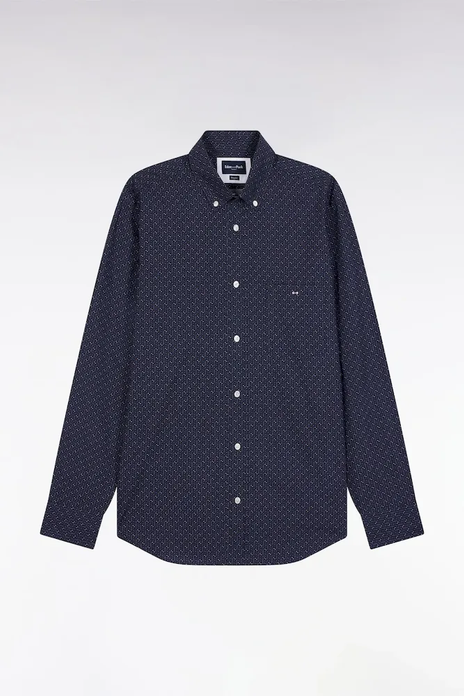 Chemise En Coton Marine à Micro-motifs Nœuds Papillon Coupe Droite