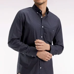 Chemise en coton marron à micro-motifs coupe droite