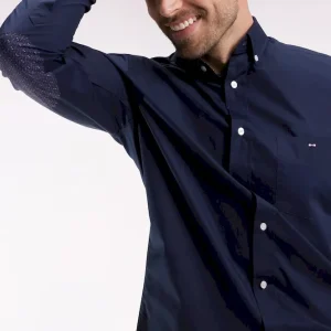 Chemise en coton marine à coudière imprimées coupe droite