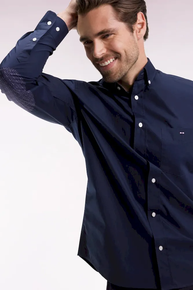 Chemise en coton marine à coudière imprimées coupe droite