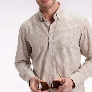 Chemise vichy en popeline de coton beige coupe droite