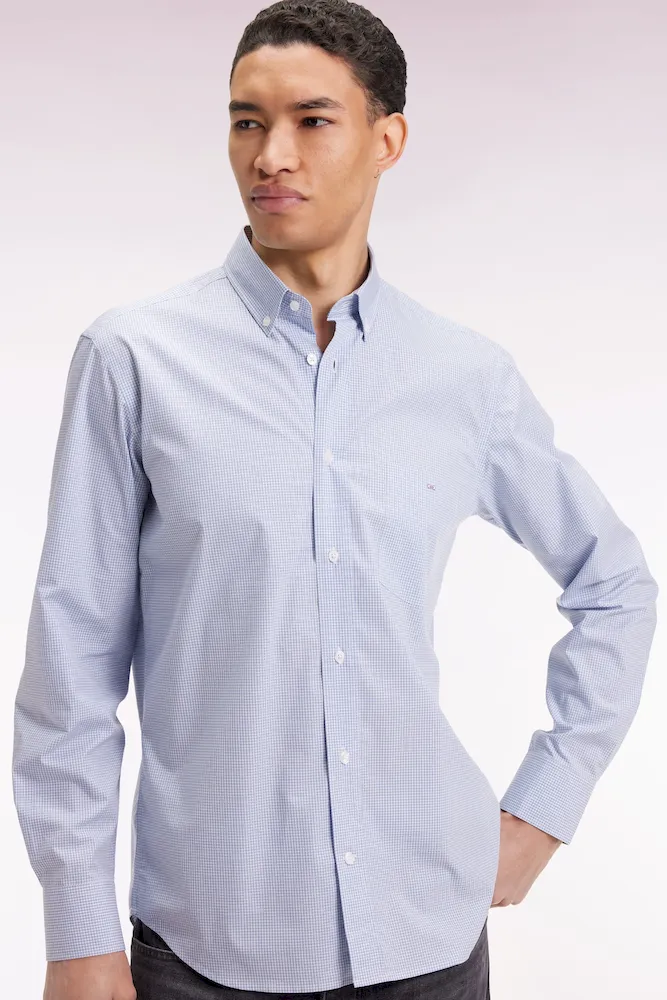 Chemise vichy en popeline de coton bleue coupe droite