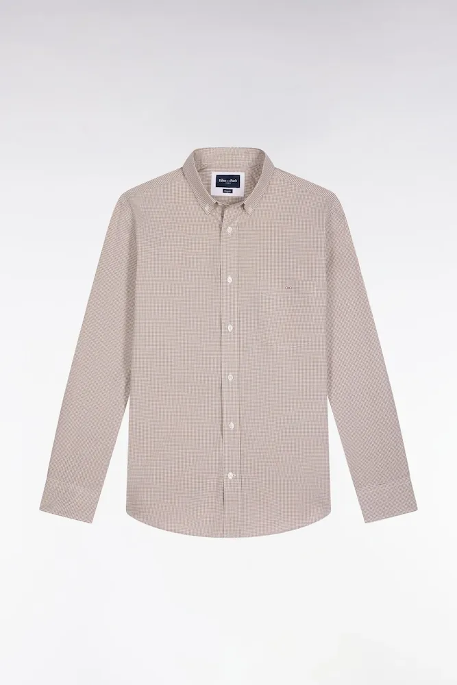 Chemise Vichy En Popeline De Coton Beige Coupe Droite