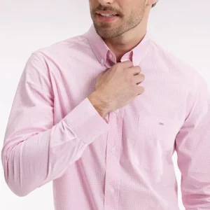Chemise vichy en popeline de coton rose coupe droite