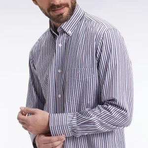 Chemise en coton marine à rayures contrastées coupe droite