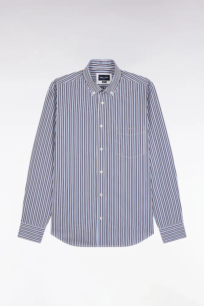 Chemise En Coton Marine à Rayures Contrastées Coupe Droite