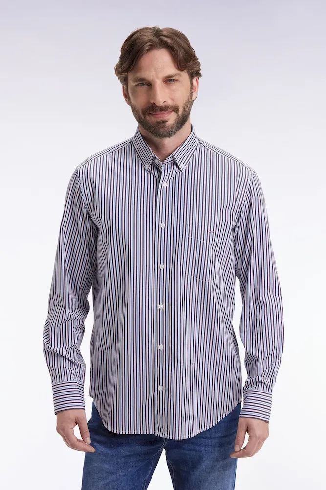 Chemise en coton marine à rayures contrastées coupe droite – Bild 3