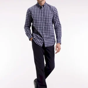 Chemise à carreaux en coton marine et rose coupe droite