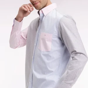 Chemise en twill de coton à rayures trois couleurs coupe droite