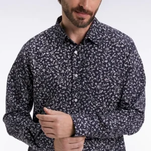 Chemise en coton marine imprimé floral coupe droite