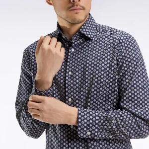 Chemise en coton marine à imprimé floral graphique coupe droite