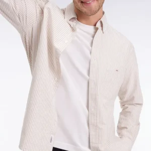 Chemise en popeline de coton rayée beige coupe droite