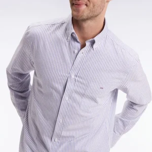 Chemise en popeline de coton rayée bleue coupe droite