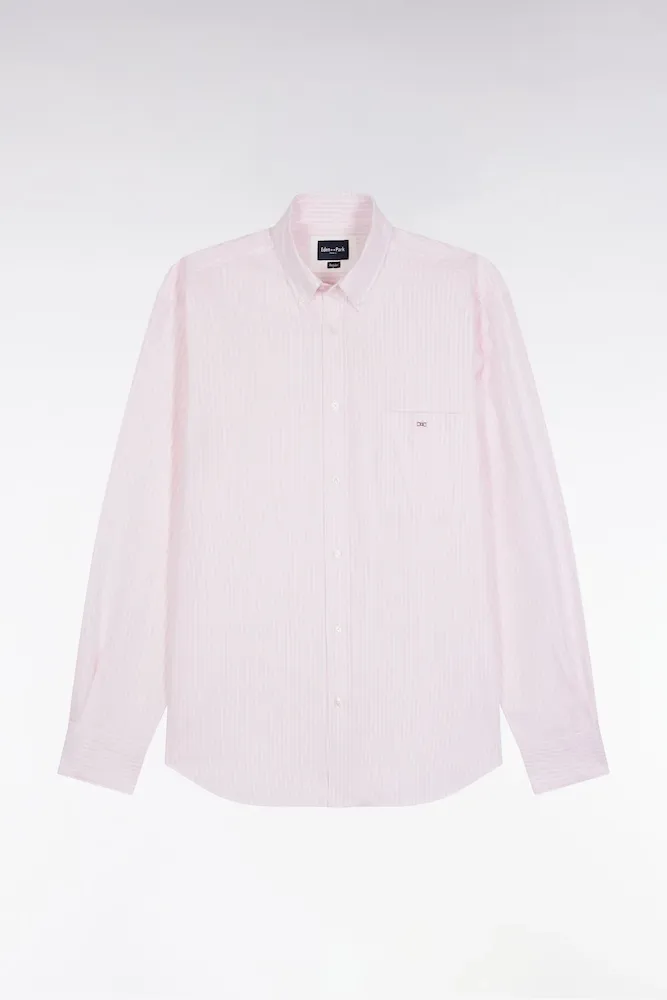 Chemise En Popeline De Coton Rayée Rose Coupe Droite