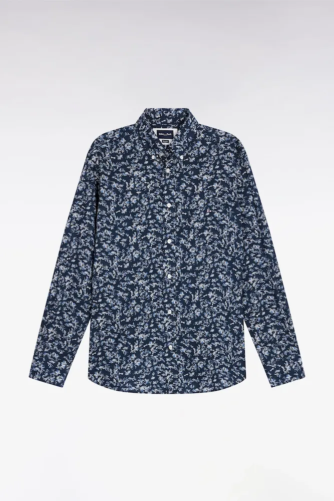 Chemise à Micro-motifs Fleurs En Coton Marine Coupe Droite