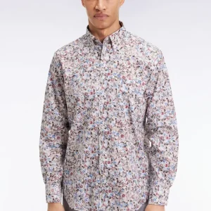 Chemise à micro-motifs fleurs en coton marron coupe droite