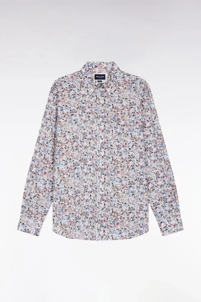 Chemise à Micro-motifs Fleurs En Coton Marron Coupe Droite