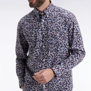 Chemise en popeline de coton à micro-motifs fleurs bleu coupe droite
