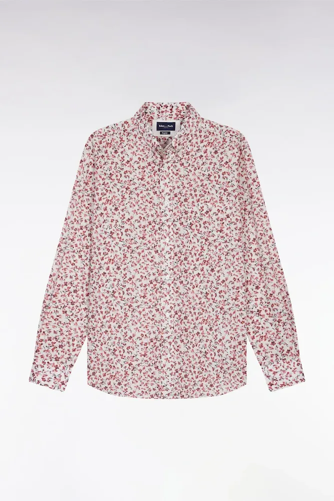 Chemise En Popeline De Coton à Micro-motifs Fleurs Rouge Coupe Droite