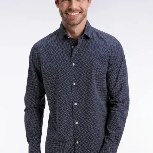 Chemise en coton à micro-motif pois bleu coupe slim