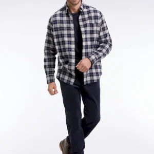 Chemise à carreaux en coton japonais marine coupe droite