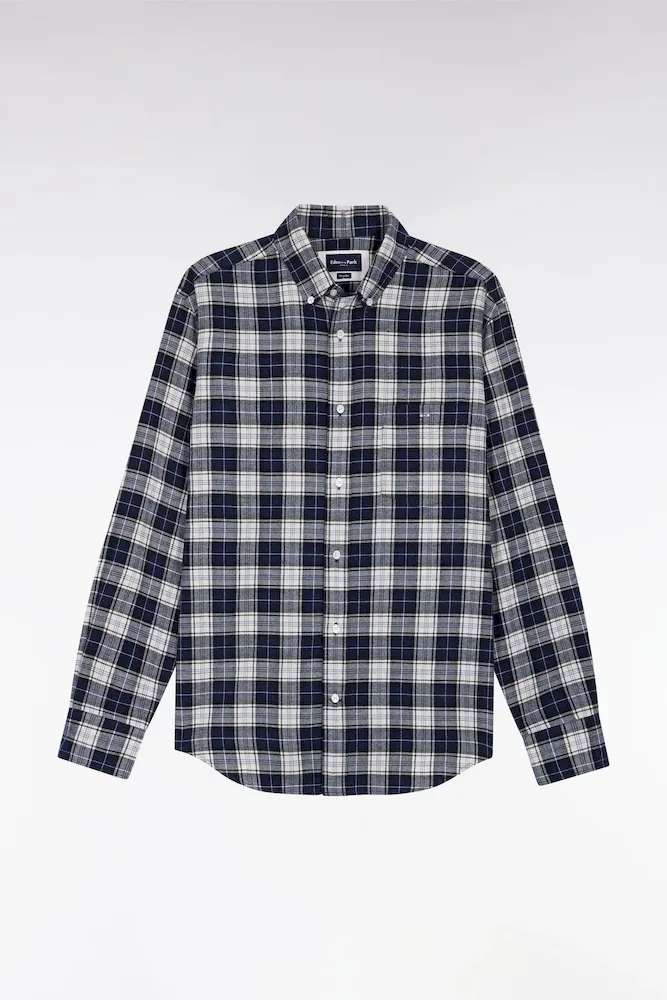 Chemise à Carreaux En Coton Japonais Marine Coupe Droite