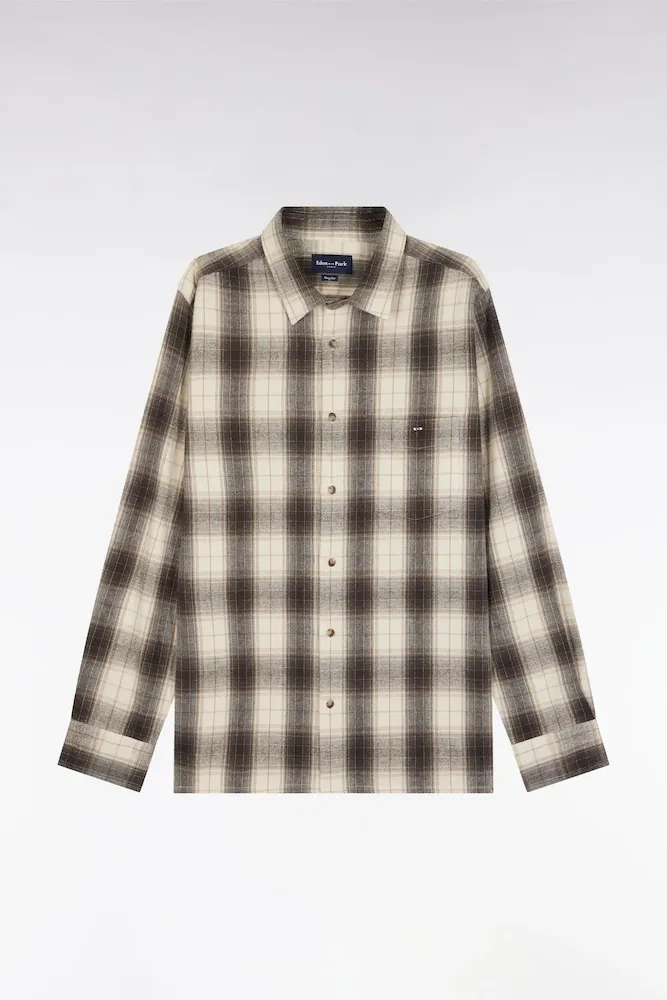 Chemise à Carreaux En Coton Japonais Beige Coupe Droite