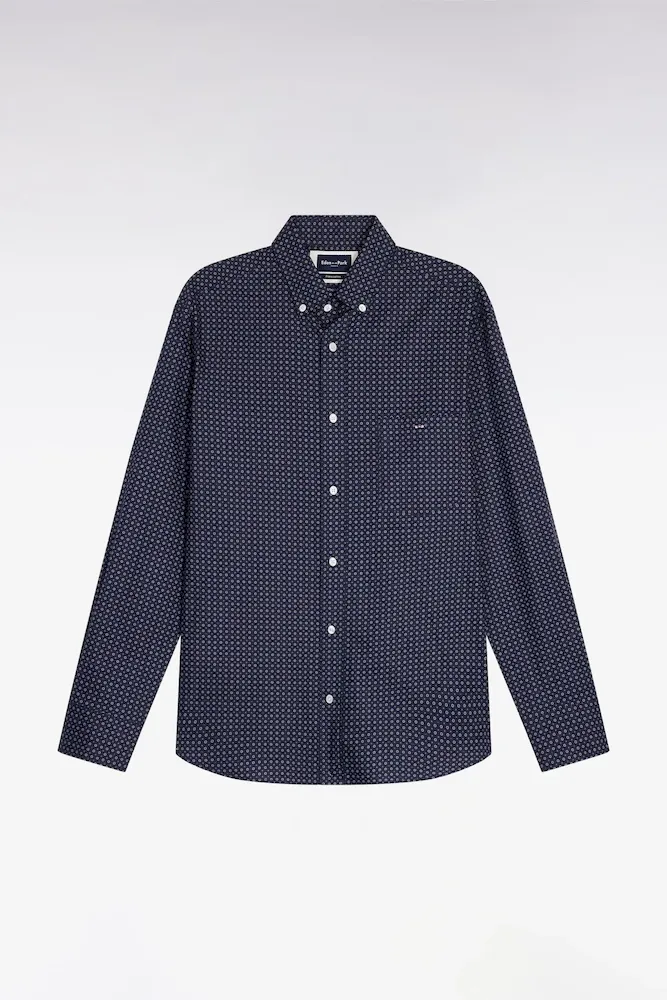 Chemise En Coton à Micro-motifs Marine Coupe Droite