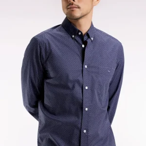 Chemise en coton Pima marine à micro-motifs nœud papillon coupe droite