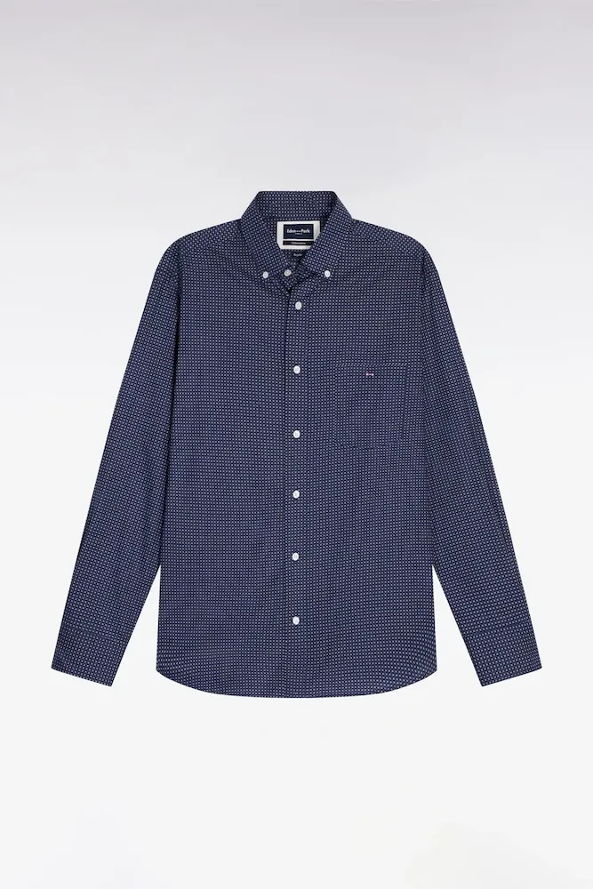 Chemise En Coton Pima Marine à Micro-motifs Nœud Papillon Coupe Droite