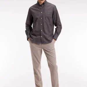 Chemise en coton Pima marron à micro-motifs coupe droite