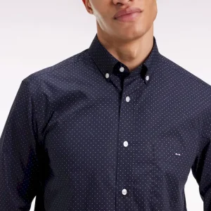 Chemise en coton Pima marine à micro-pois coupe droite
