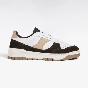 Sneakers bimatières en cuir lisse blanc et cuir suédé marron