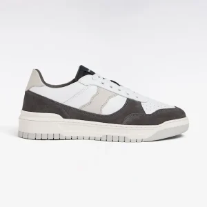 Sneakers bimatières en cuir lisse blanc et cuir suédé gris