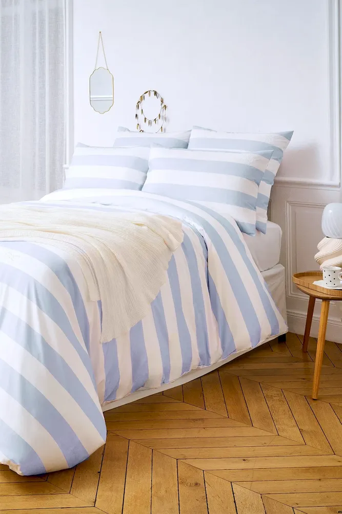 Housse De Couette En Percale De Coton Blanche à Rayures Bleues