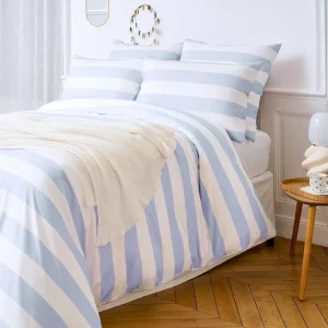 Housse de couette en percale de coton blanche à rayures bleues