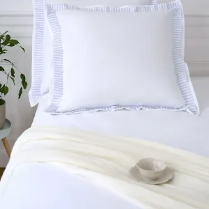 Lot de taies d'oreillers carrées en coton blanc à bordure ciel rayée