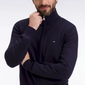 Cardigan zippé en laine et coton marine coupe droite